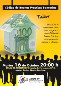 Cartell del taller sobre el codi de bones pràctiques bancàries organitzat per Adicae a Benissa