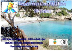 Cartell de l'activitat de gimnàstica i zumba a la platja de La Fustera de Benissa