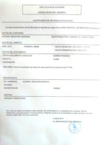 Justificant d'instància a la DIputació d'Alacant per les obres de la carretera de la costa de Benissa