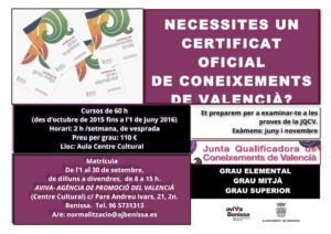 Cartell dels cursos de Valencià a Benissa