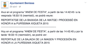 Missatge al facebook de l'Ajuntament de Benissa