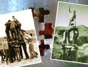 Reclutes fent muixerangues a Benissa,   Esquerra: “quintos” 1966 i dreta: reemplaçament 1968