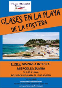 Cartell de l'activitat de gimnàstica i zumba a la platja de La Fustera
