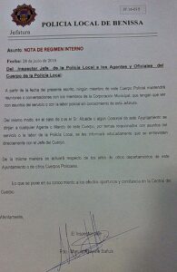 La nota de règim intern publicada per l'inspector en cap de la policia local de Benissa