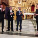 Abel Cardona (batle), Marcos Torres (pregoner), Joanjo Estupiña (president de la Comissió de Festes) i Esther Ivars (presentadora del pregó)